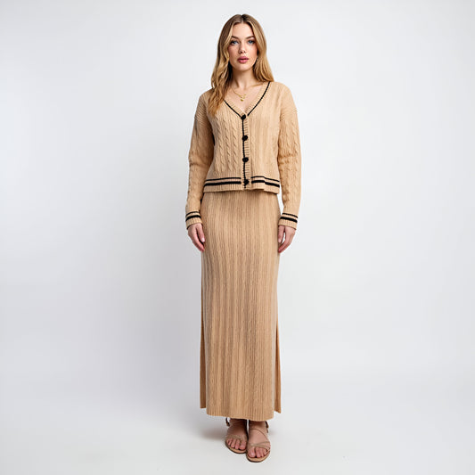 Cable Knit Cardigan & Maxi Skirt Set with Striped Trim and Button Detail