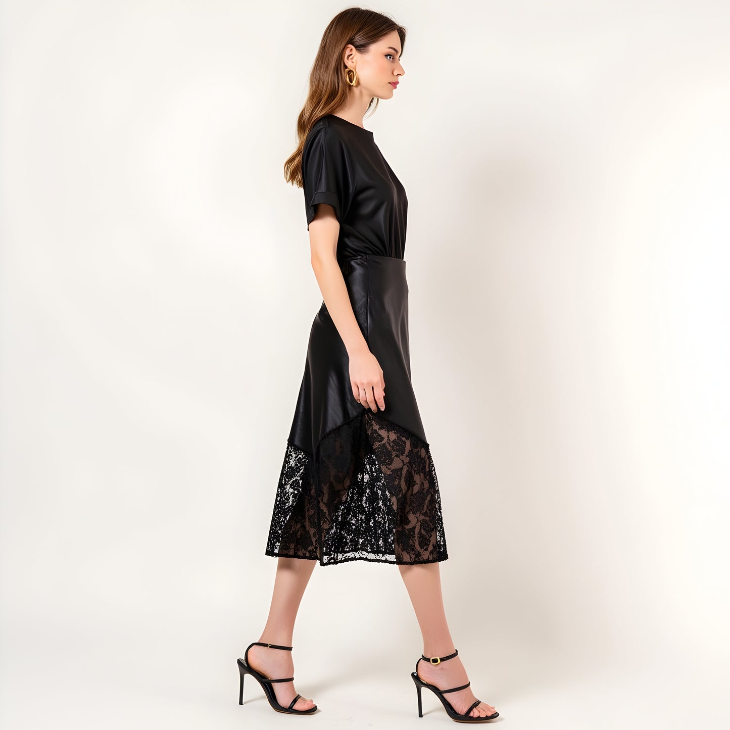 Asymmetrical Satin Midi Skirt with Sheer Lace Hem and Fitted Waist