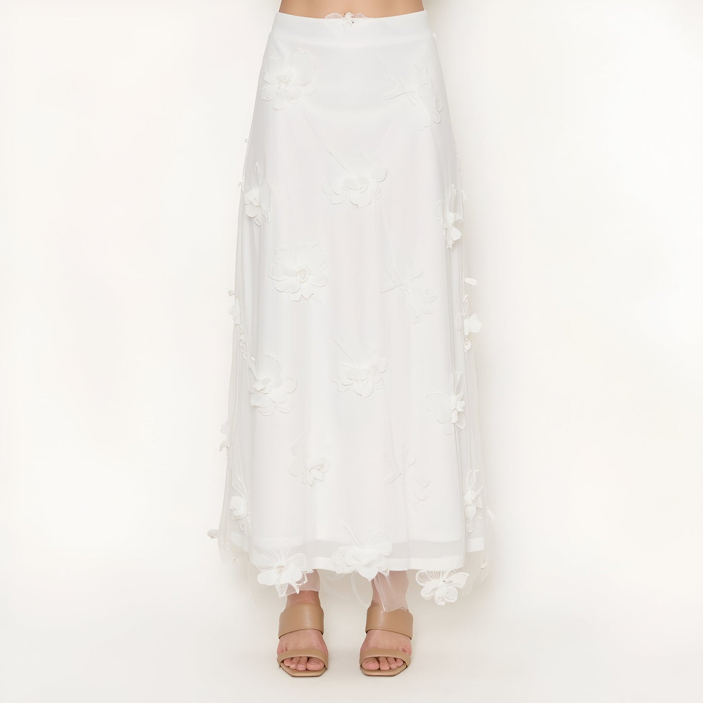 Embroidered Mesh Maxi Skirt with 3D Floral Appliqué