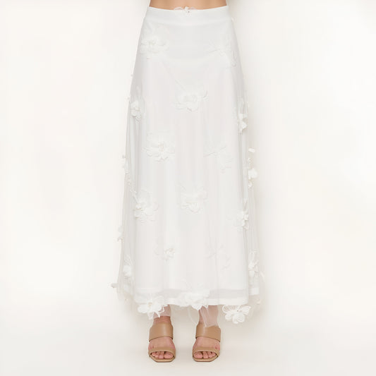 Embroidered Mesh Maxi Skirt with 3D Floral Appliqué
