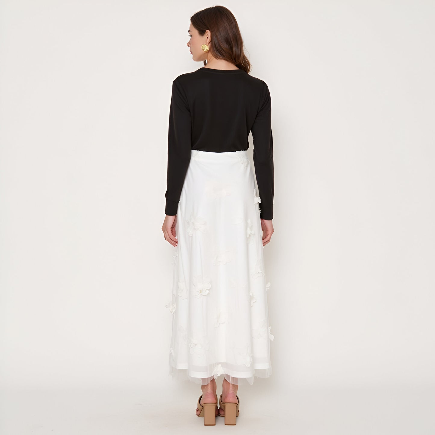 Embroidered Mesh Maxi Skirt with 3D Floral Appliqué