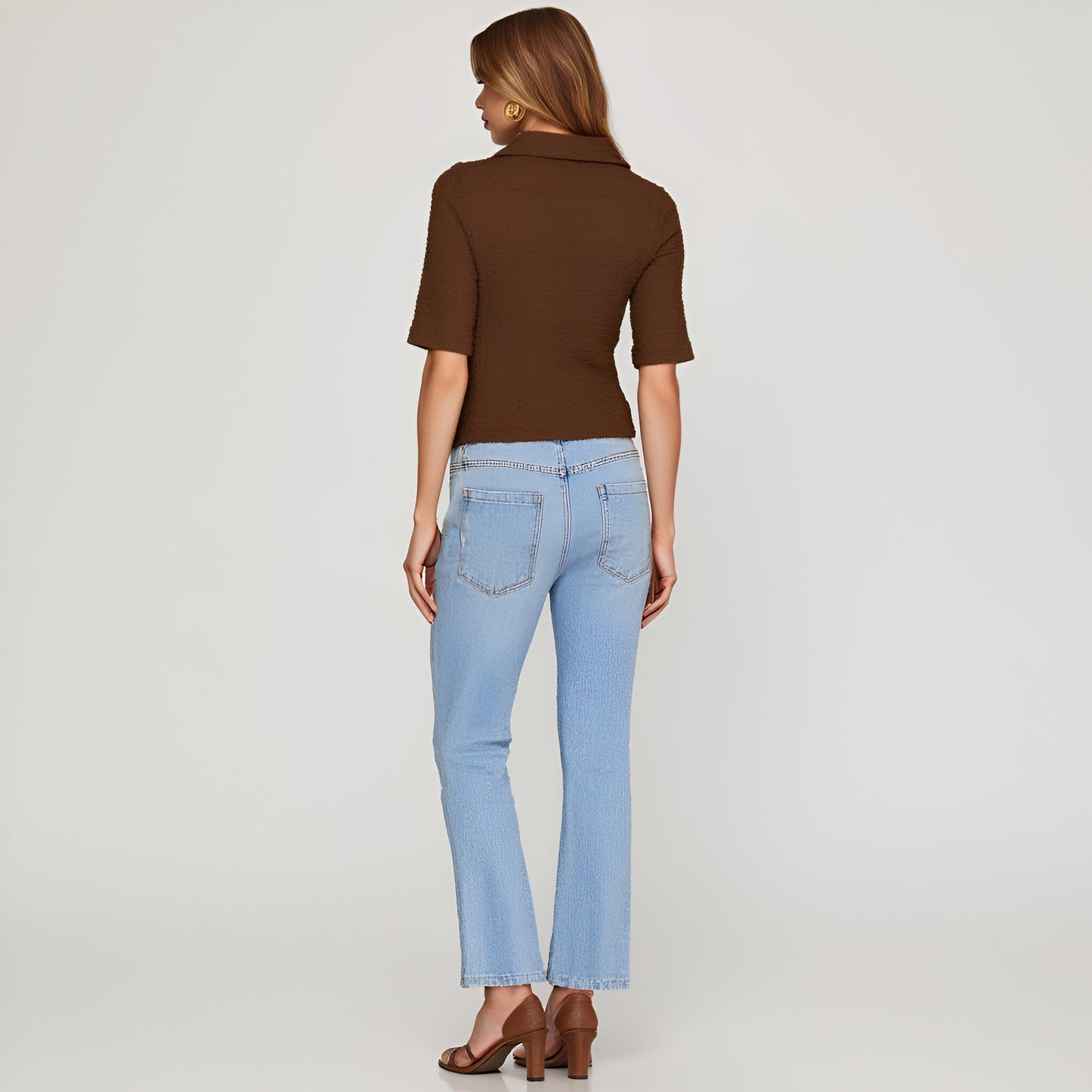 Textured Button-Up Collared Top with Elbow-Length Sleeves and Fitted Shape