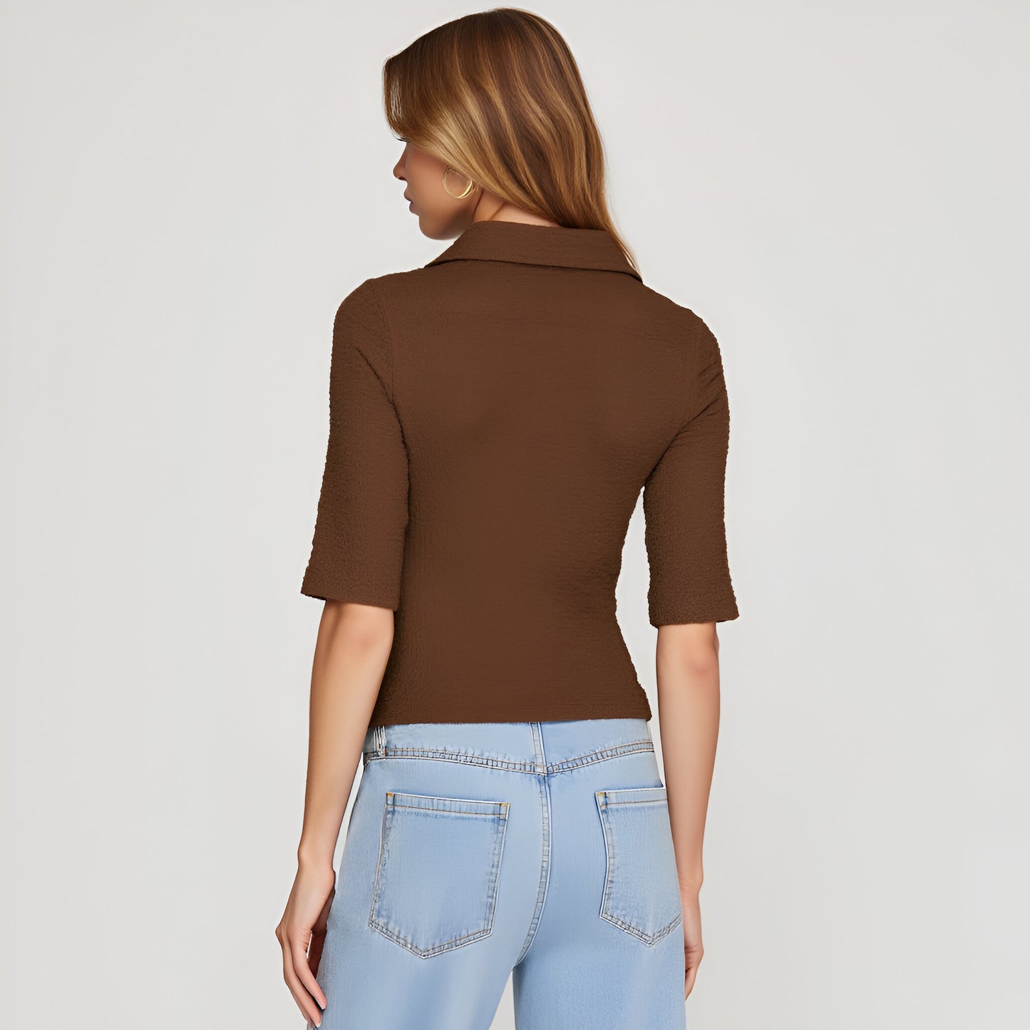 Textured Button-Up Collared Top with Elbow-Length Sleeves and Fitted Shape