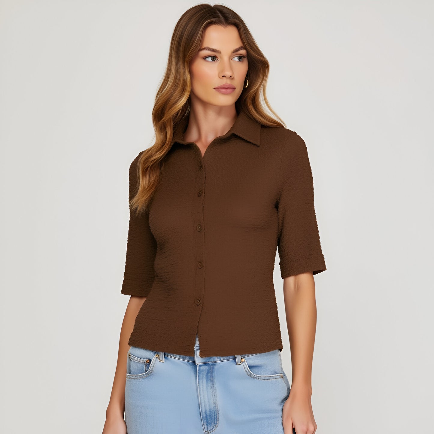 Textured Button-Up Collared Top with Elbow-Length Sleeves and Fitted Shape