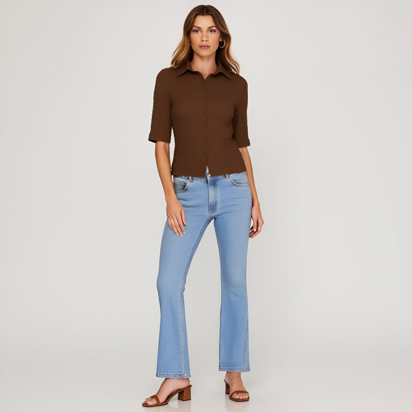 Textured Button-Up Collared Top with Elbow-Length Sleeves and Fitted Shape