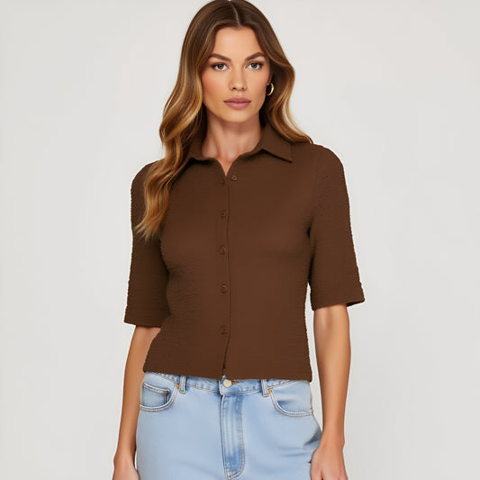 Textured Button-Up Collared Top with Elbow-Length Sleeves and Fitted Shape