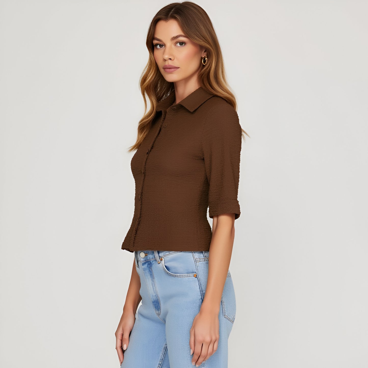 Textured Button-Up Collared Top with Elbow-Length Sleeves and Fitted Shape
