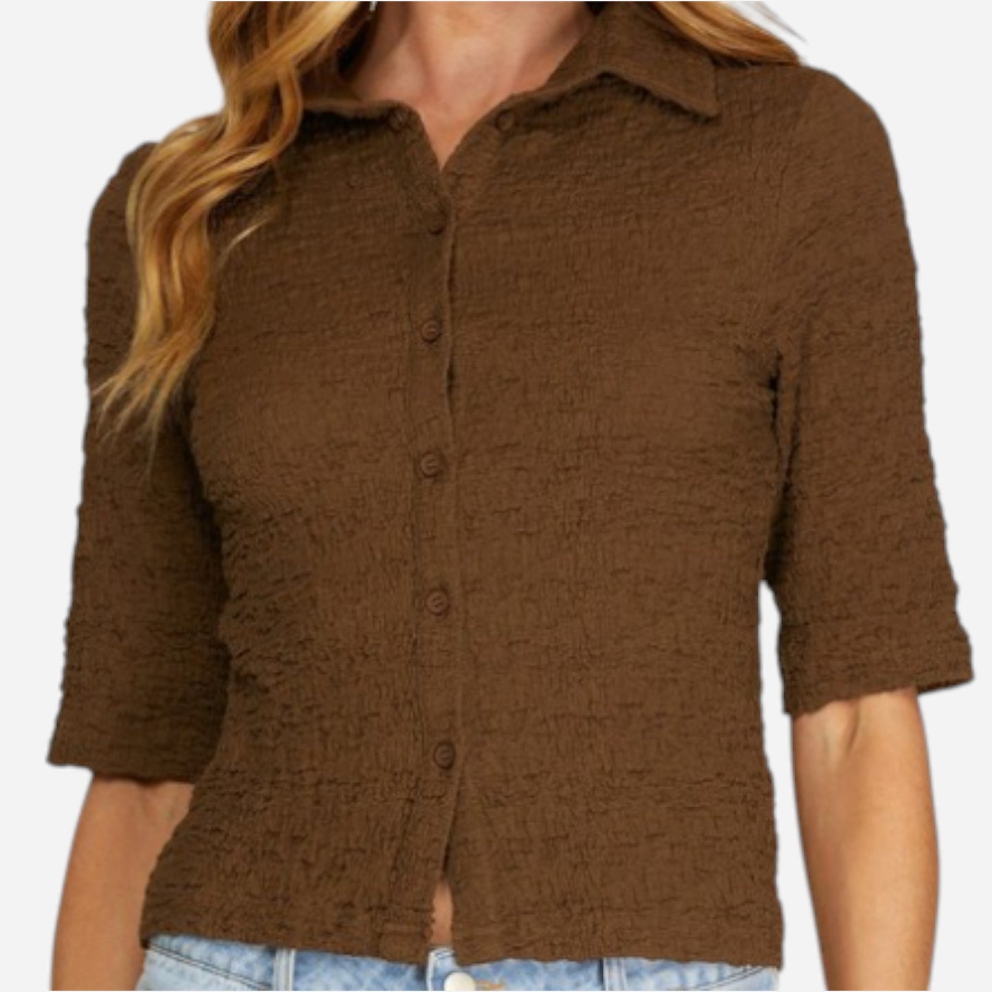 Textured Button-Up Collared Top with Elbow-Length Sleeves and Fitted Shape