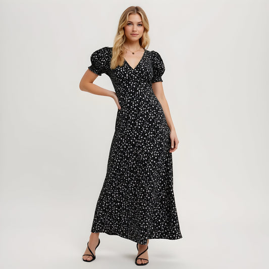 Floral Print Maxi Dress with Puff Sleeves and Flattering V-Neckline