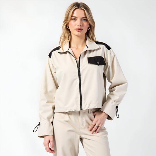 Cropped Zip Jacket with Contrast Pockets and Adjustable Sleeves
