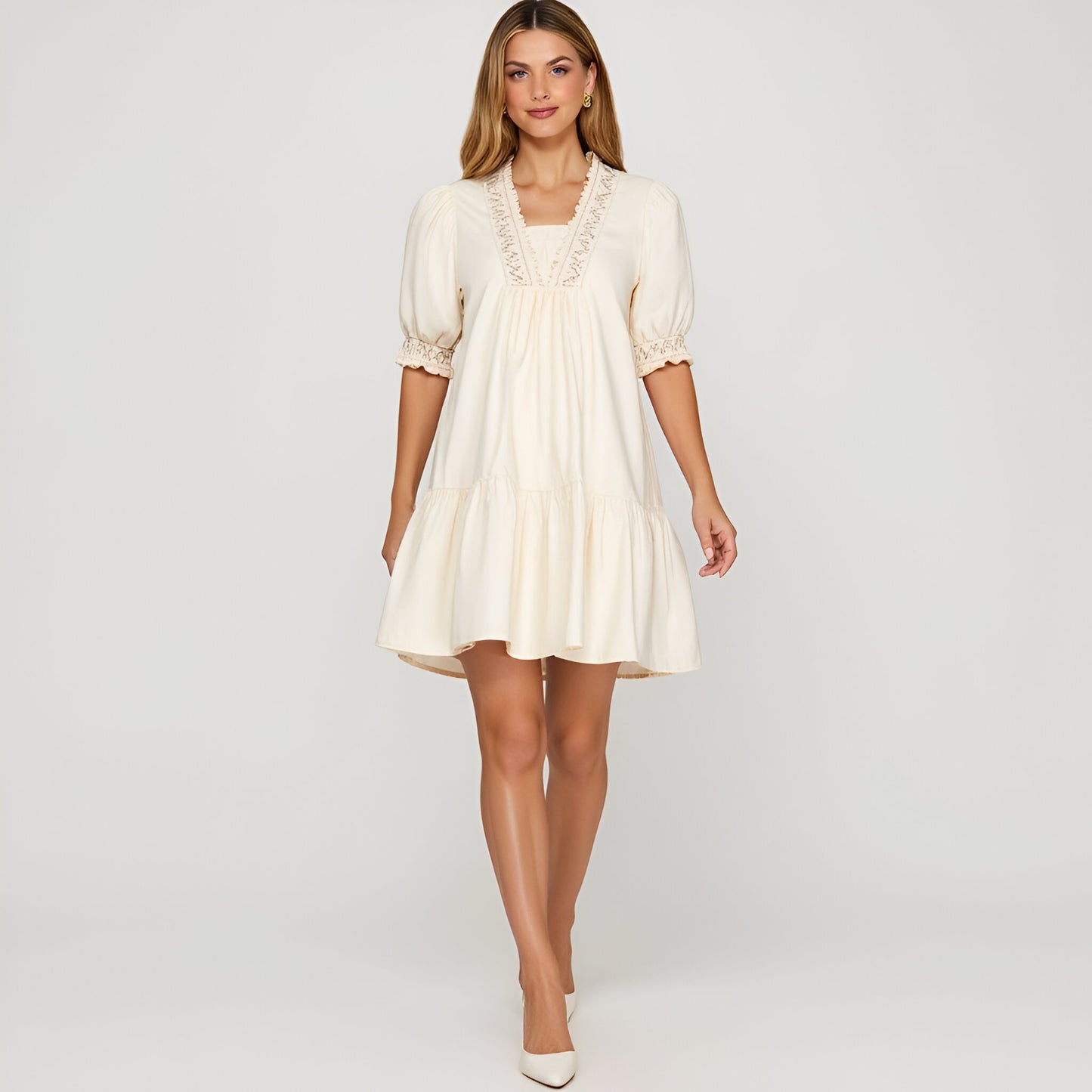 Smocked Sleeve Mini Dress with Embroidered Neckline and Tiered Hem