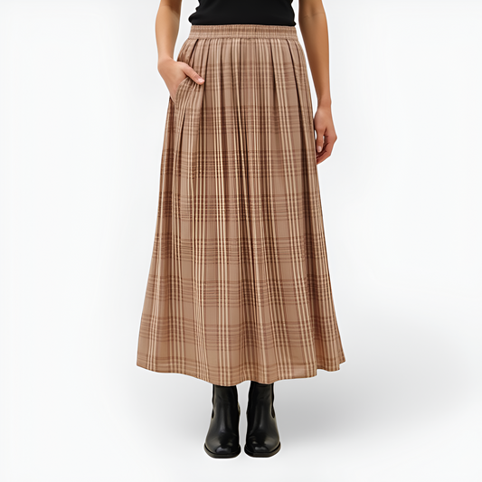 Plaid Pleated Maxi Skirt with Elastic Waistband and Side Pockets