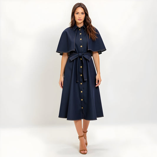 Cape Sleeve Denim Midi Dress with Button Front, Waist Tie and Collar