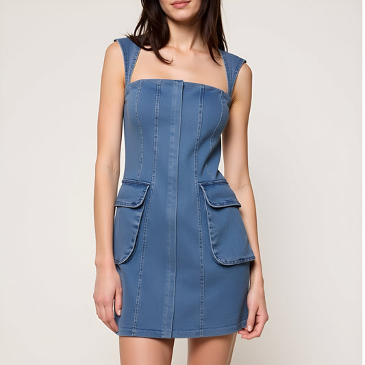 Square Neck Denim Mini Dress with Flap Patch Pockets