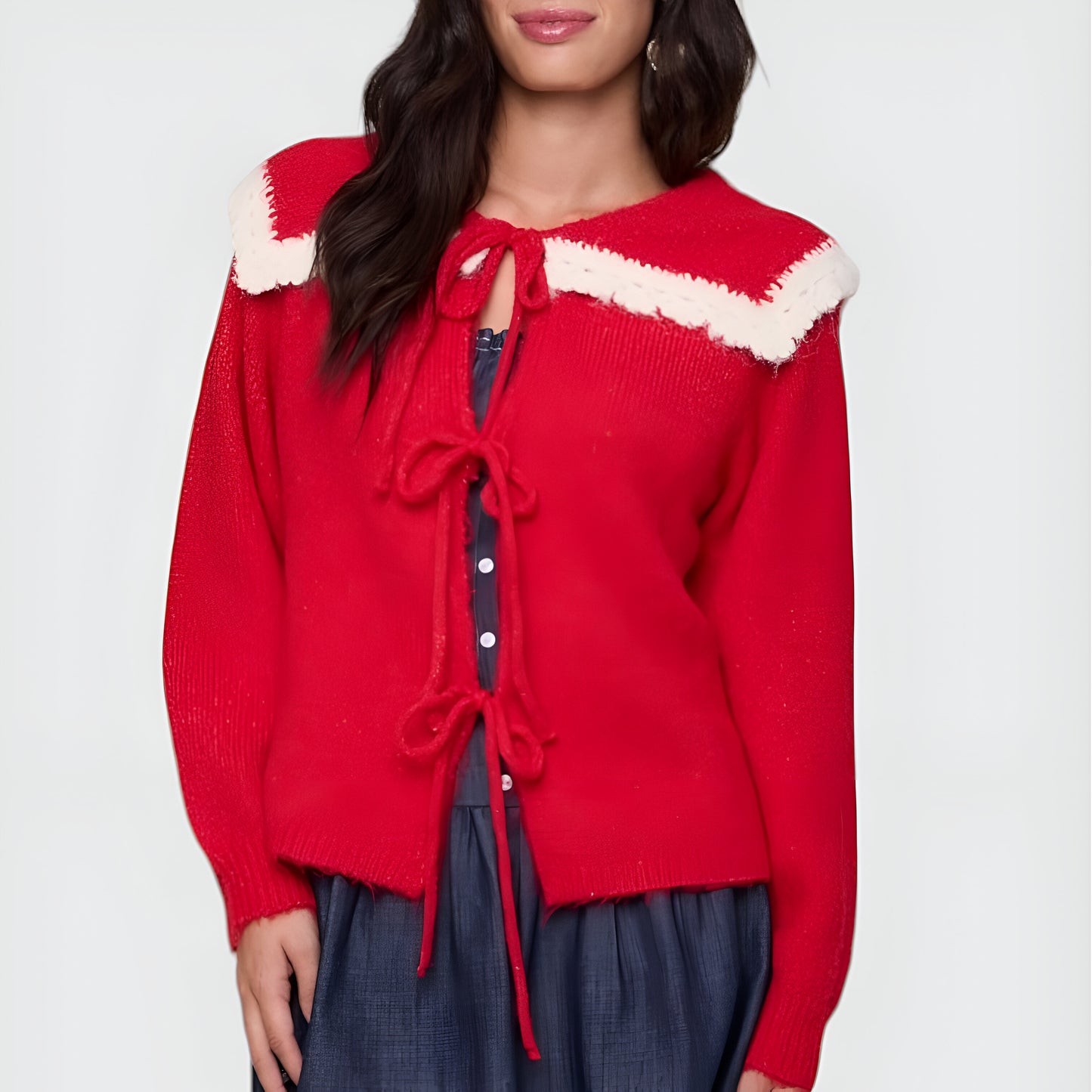 Ruffle Collar Knit Sweater with Tie-Front Closures and Contrast Trim