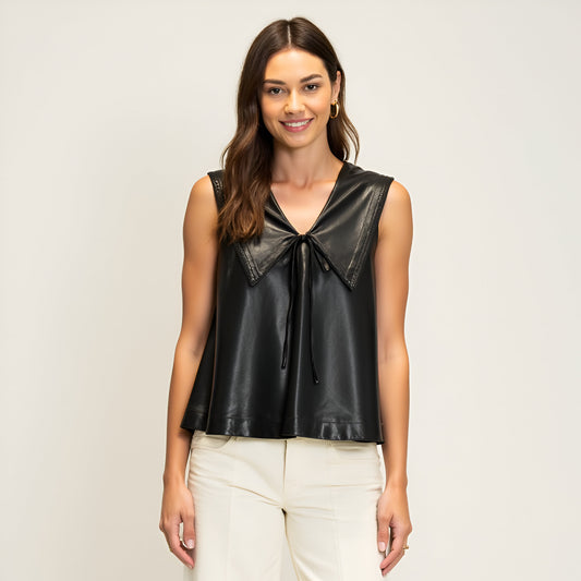 Sleeveless Faux Leather Top with Wide Collar and Tie Front