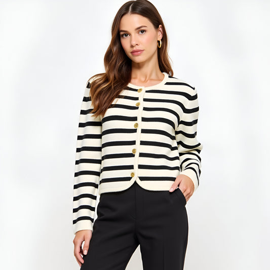Striped Knit Cardigan with Gold Button Front and Ribbed Trim