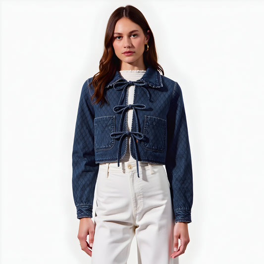 Quilted Cropped Denim Jacket with Front Tie Closure and Patch Pockets