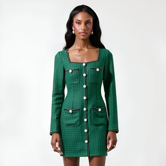 Tweed Long Sleeve Mini Dress with Pearl Buttons and Front Pockets