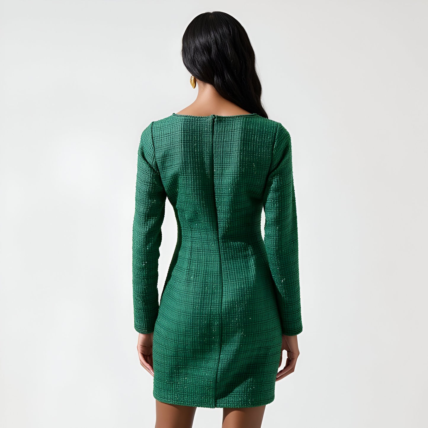 Tweed Long Sleeve Mini Dress with Pearl Buttons and Front Pockets