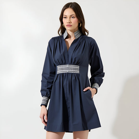 Long Sleeve Mini Dress with Embroidered Waist, Cuffs and Collar