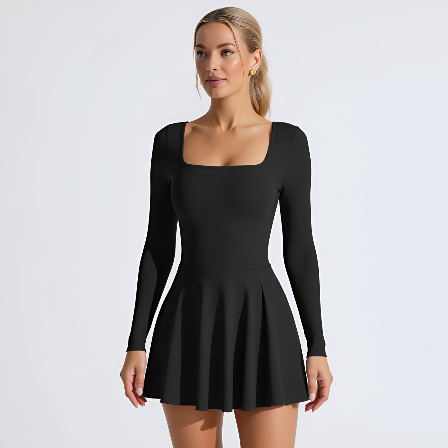 Long Sleeve Active Romper Dress with Thumbholes and Open Crisscross Back