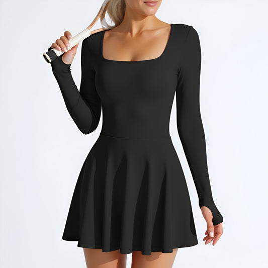 Long Sleeve Active Romper Dress with Thumbholes and Open Crisscross Back