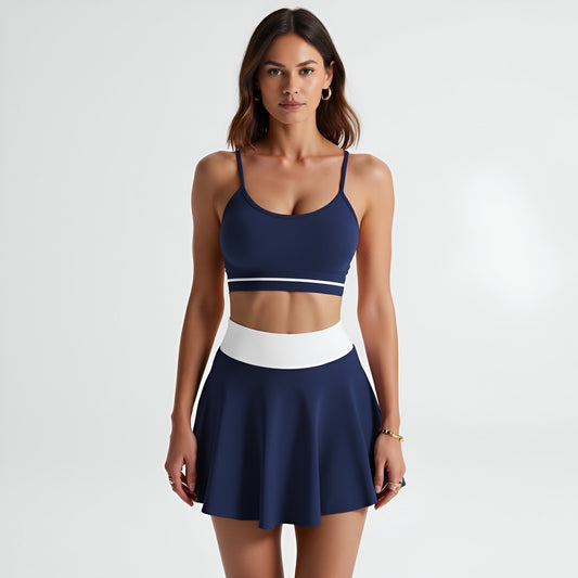 Active Skirt Set with Contrast Waistband and Strappy Crop Top Design