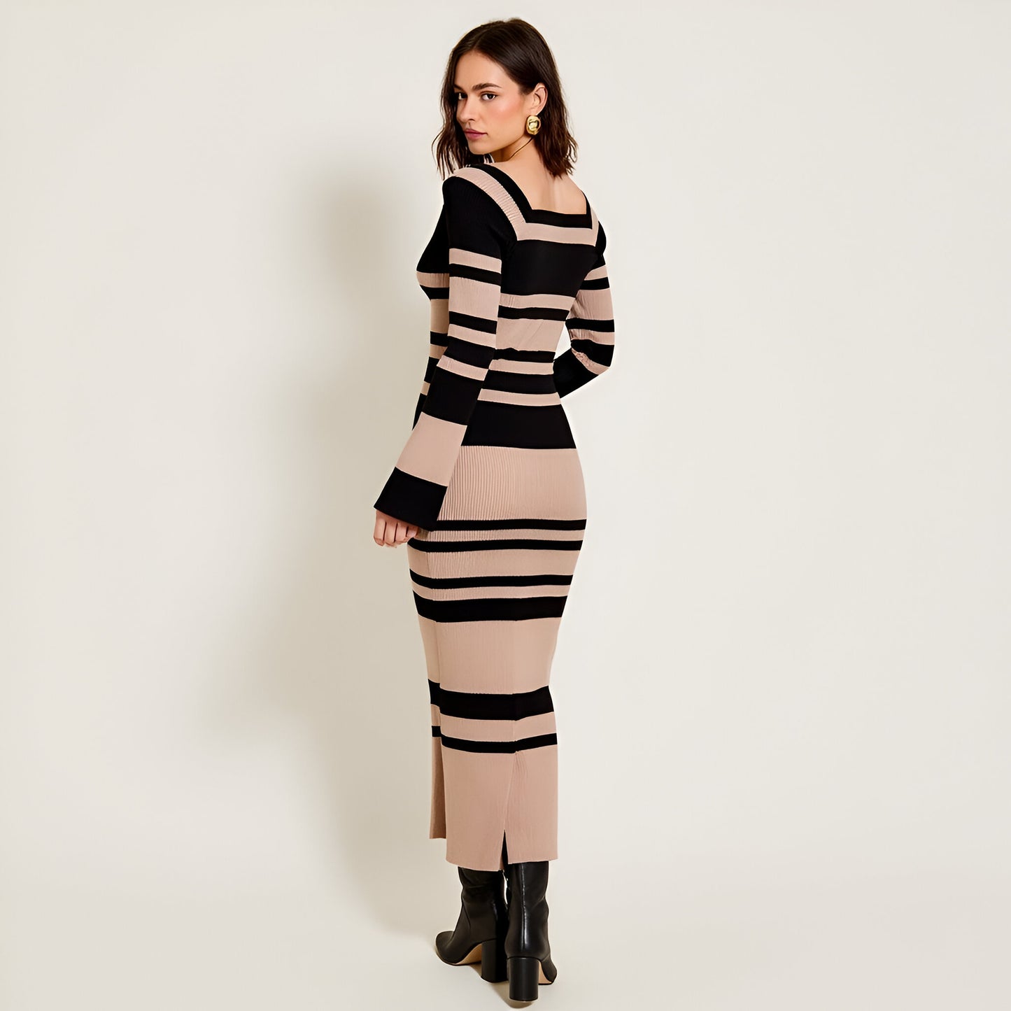 Striped Long Sleeve Knit Midi Dress with V-Neckline