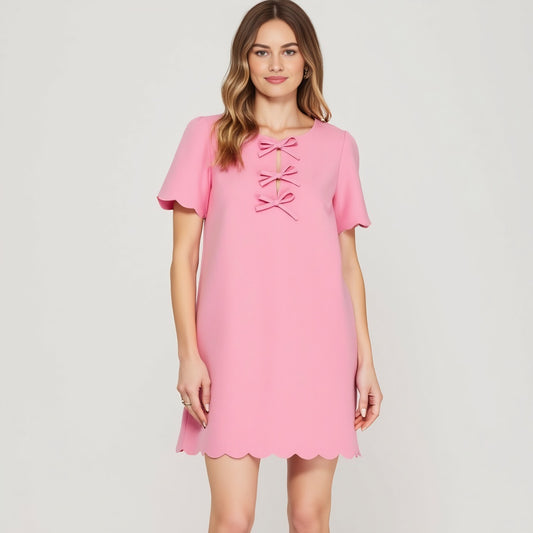 Scallop Hem Shift Dress with Front Bow Tie Detail and Keyhole Neckline
