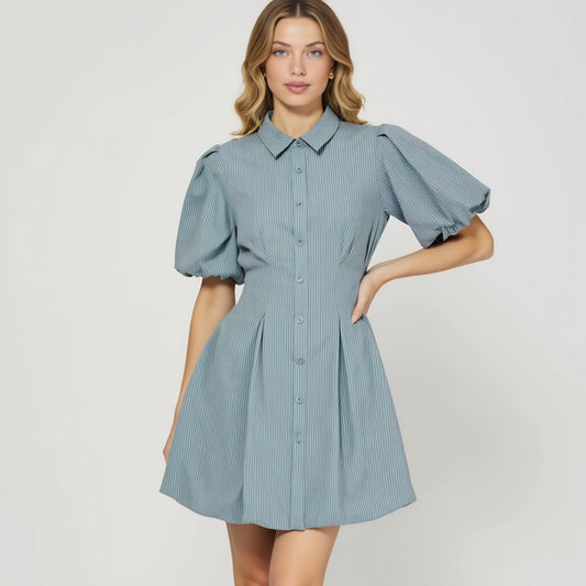 Striped Puff Sleeve Shirt Dress with Button Front and Pleated Skirt