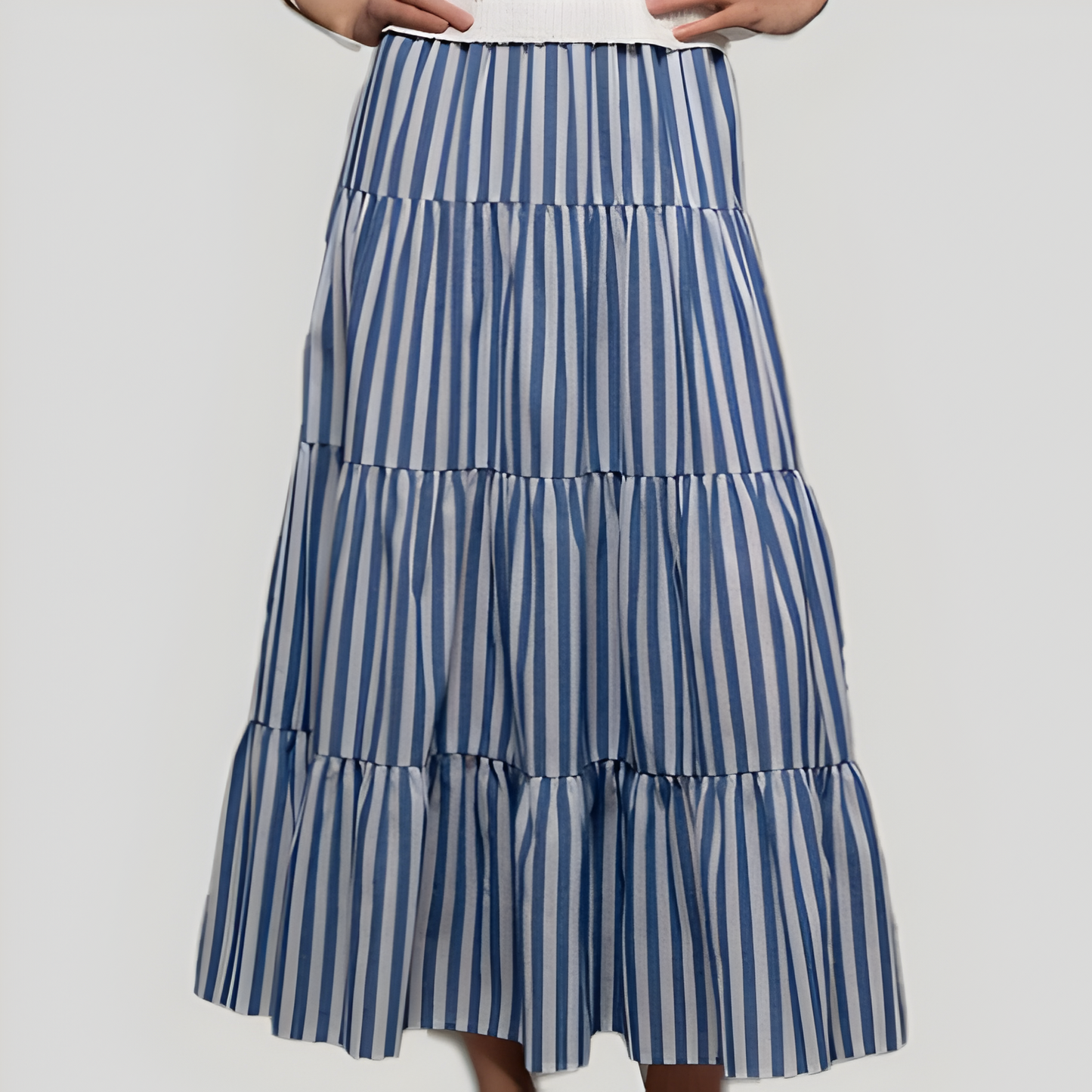 Striped Tiered A-Line Maxi Skirt with Side Pockets and Relaxed Fit