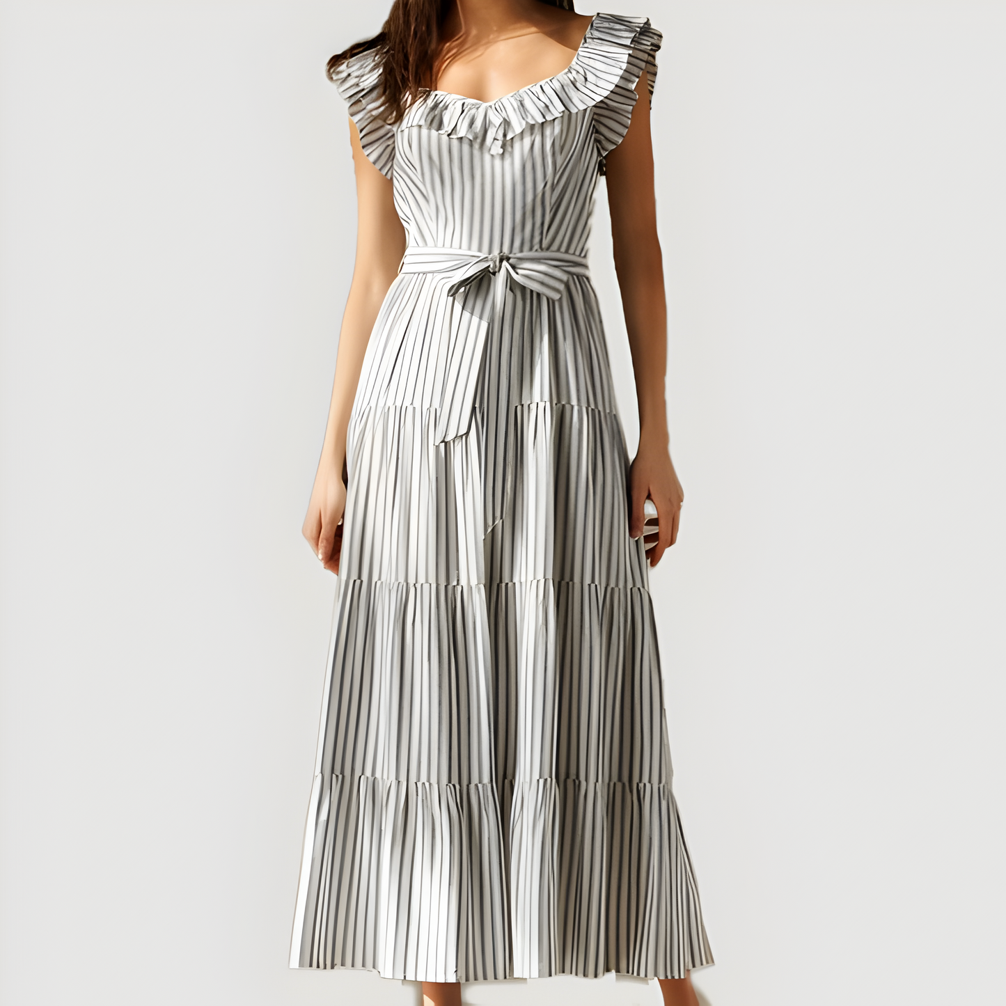 Striped Tiered Midi Dress with Ruffle Sleeves and Front Waist Tie