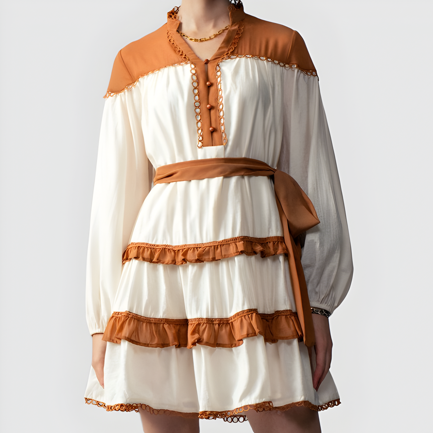 Contrast Trim Mini Dress with Button Front, Waist Tie and Tiered Skirt