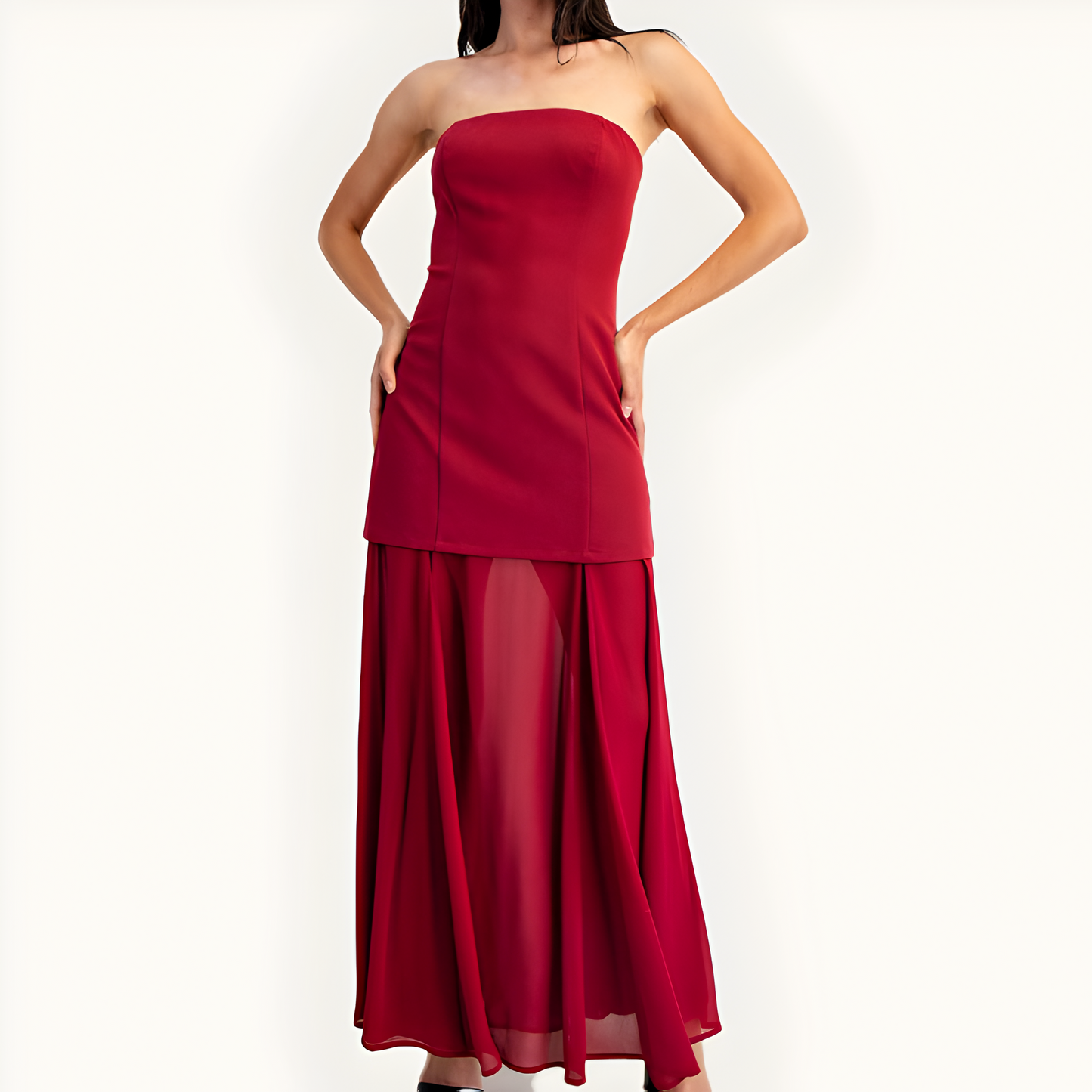 Strapless Evening Gown with Sheer Panel Skirt and Fitted Bodice