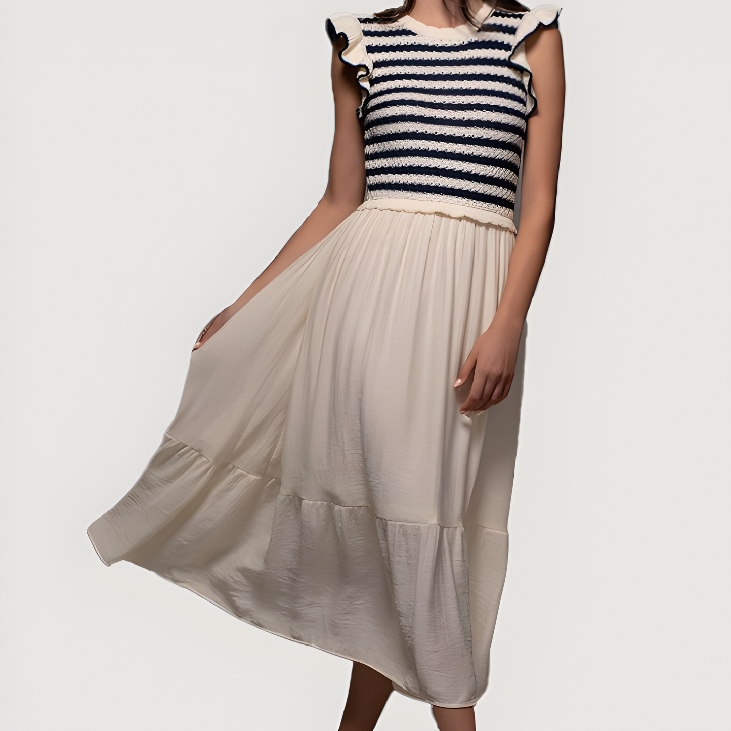 Striped Knit Bodice Dress with Ruffle Sleeves and Tiered Skirt