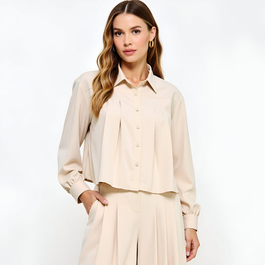Button-Front Collared Blouse with Boxy Silhouette and Long Cuffed Sleeves