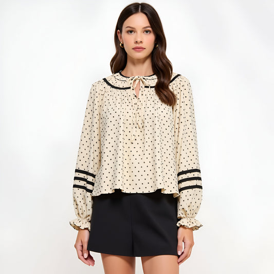 Polka Dot Blouse with Contrast Trim, Ruffled Cuffs and Tie Neckline