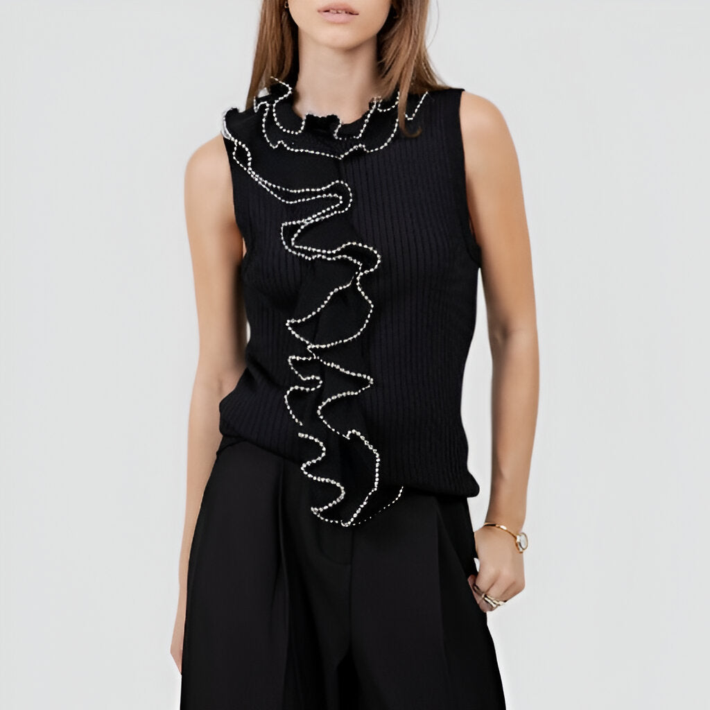 Sleeveless Ribbed Knit Top with Dramatic Pearl-Trimmed Ruffle Detail