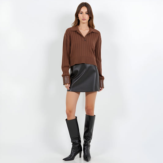 Ribbed Knit Polo Sweater with Split Collar and Wide Banded Hem