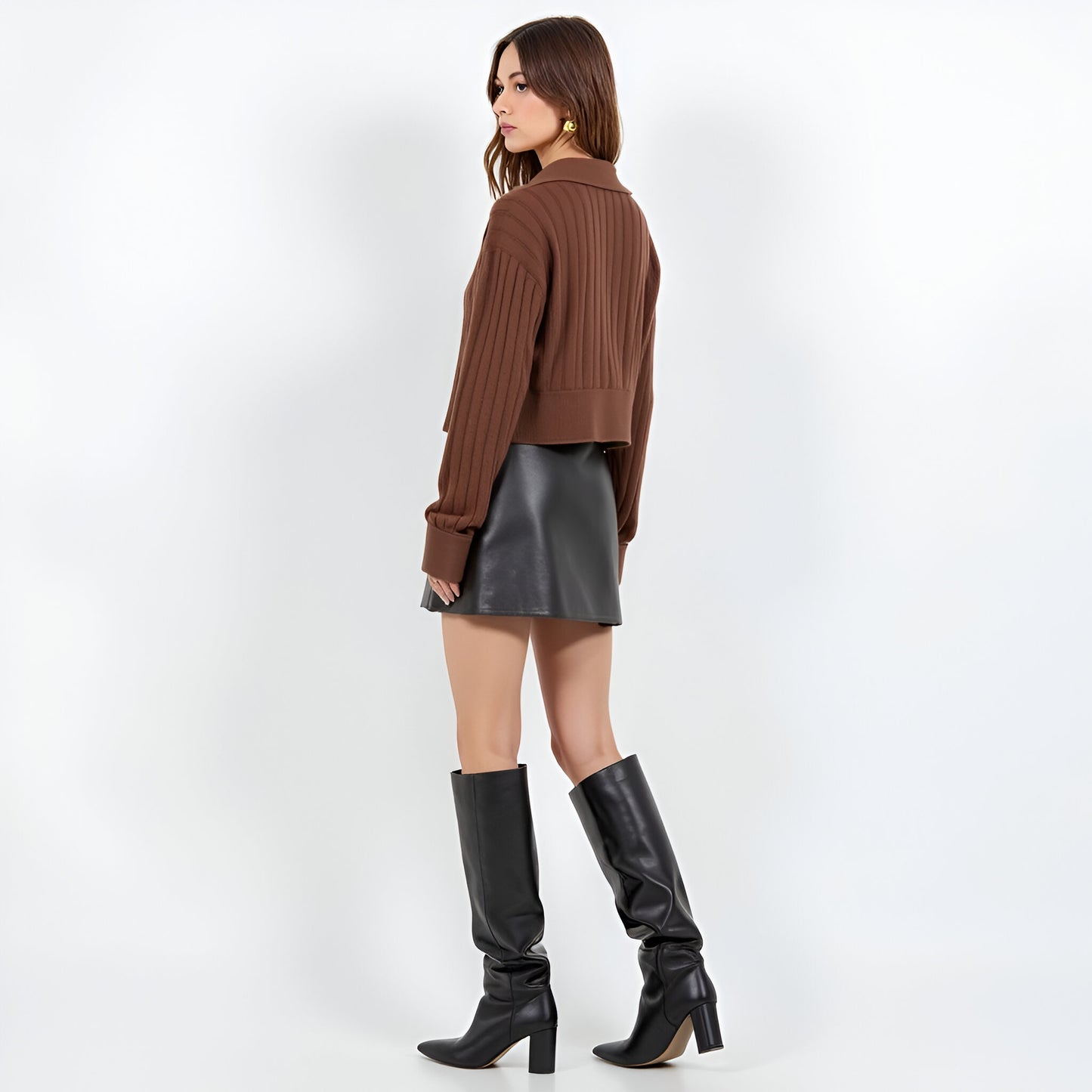 Ribbed Knit Polo Sweater with Split Collar and Wide Banded Hem