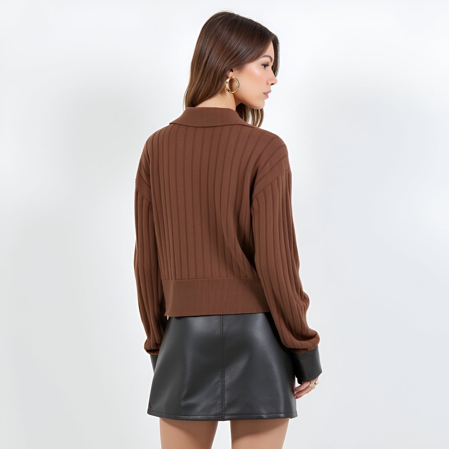 Ribbed Knit Polo Sweater with Split Collar and Wide Banded Hem