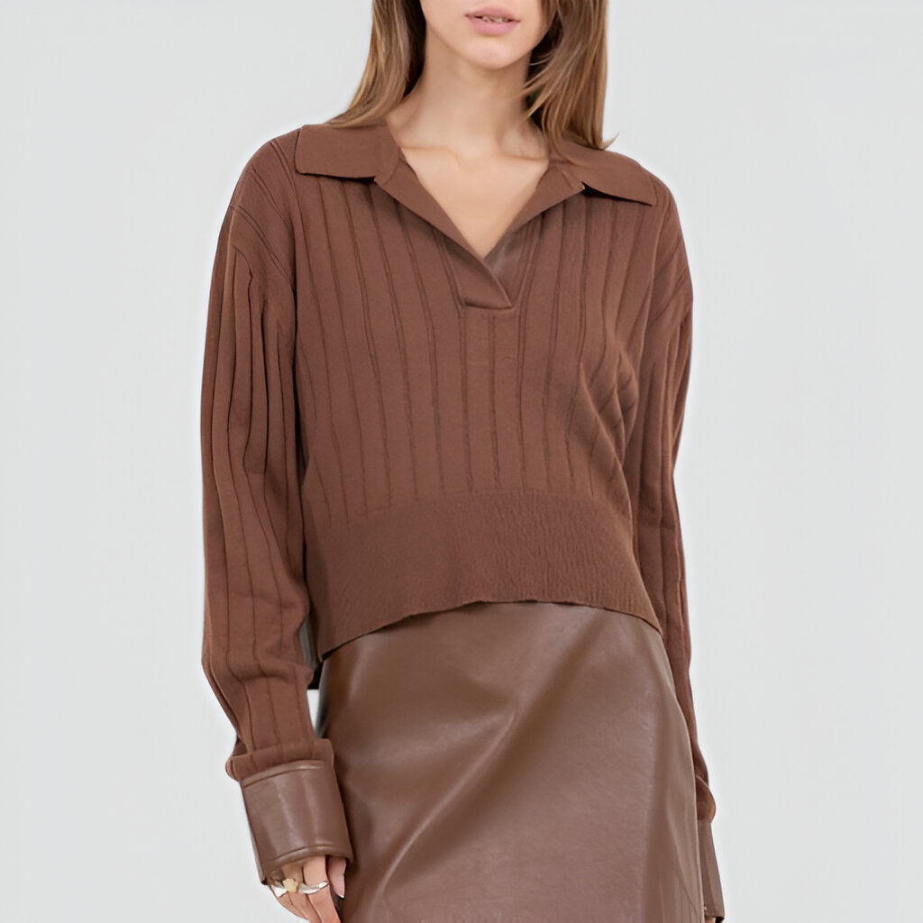 Ribbed Knit Polo Sweater with Split Collar and Wide Banded Hem