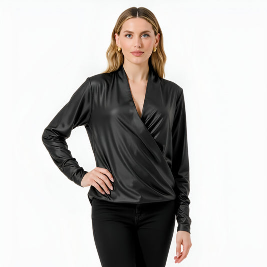 Draped Satin Long Sleeve Surplice Blouse with Deep V-Neckline