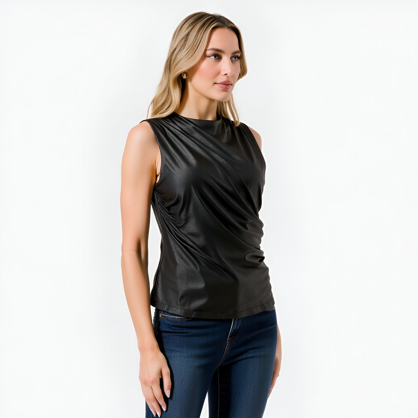 Sleeveless Faux Leather Top with Draped Front Detailing