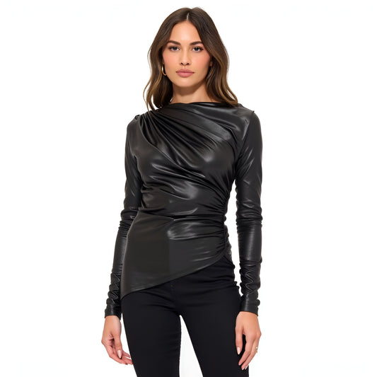 Asymmetrical Faux Leather Long Sleeve Top with Draped Detailing