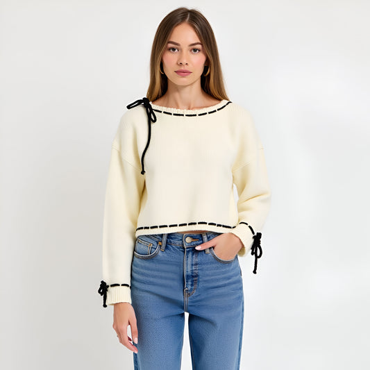 Contrast Tie Detail Knit Sweater with Scalloped Boat Neck and Cropped Hem
