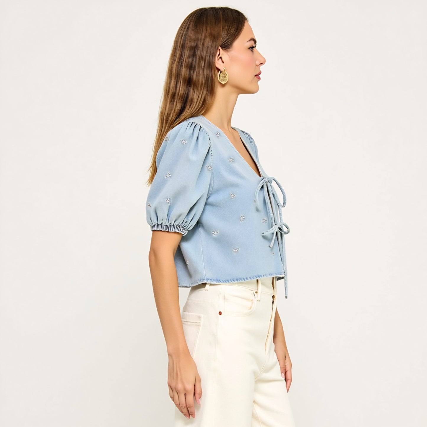 Embroidered Bow Puff Sleeve Top with Front Tie Detail and V-Neckline
