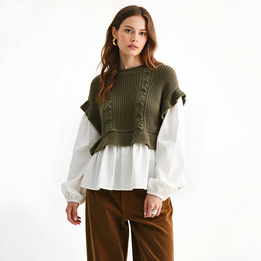 Layered Sweater Top with Ruffle Hem, Puff Sleeves and Cable Knit Detail