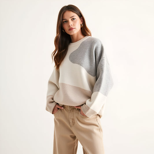 Oversized Colorblock Knit Sweater with Crew Neck and Drop Shoulders
